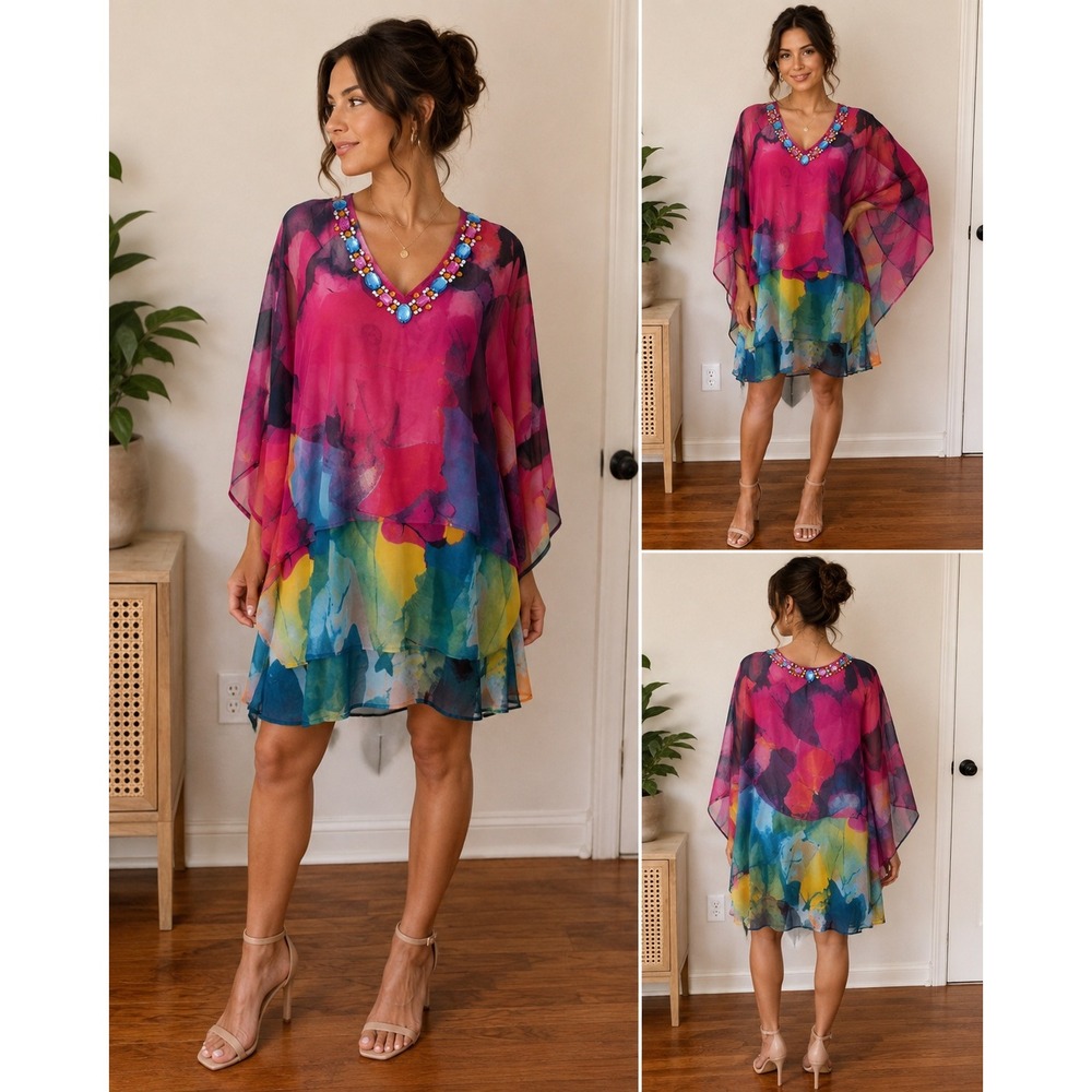 Antthony Original Kaftan Women XS Resort Boho Embellished Jewel V-Neck Abstract
